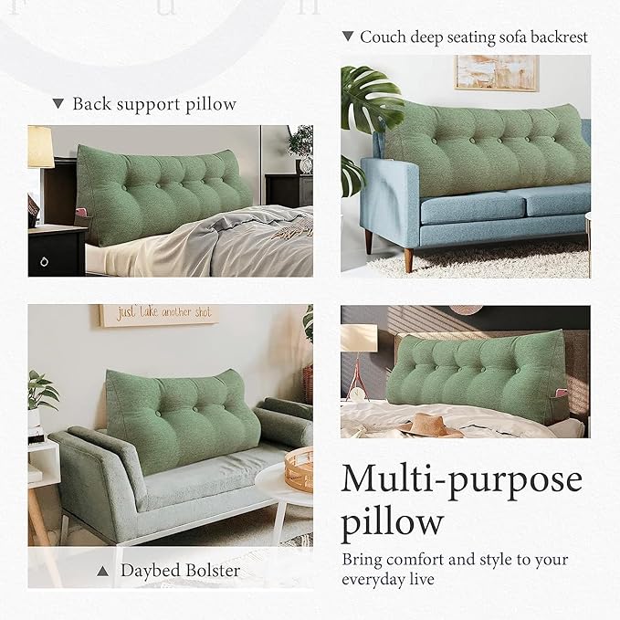 Headboard Pillow Wedge Queen Size Large Bolster Pillow for Bed Triangle Reading Pillow Back Support Pillow for Sitting Up in Bed XXL Couch Daybed Bed Rest Backrest Cushion Linen Sage Green