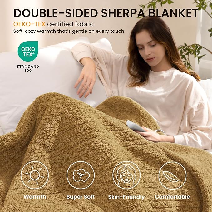 Heated Blanket Electric Blanket Queen - Fast Heating Blanket Throw Dual Control Double Sided Sherpa with 10 Heating Levels & 2-10 Hours Auto Off, Mashine Washable, 84 x 90 Inches, Camel