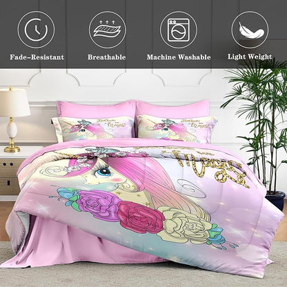 Queen Size Comforter Set with 2 Pillowcases & 2 Shams, Cute Unicorn Butterfly 7 Pcs Bedding for Kids and Teens, Princess Flower Horse Bed in a Bag with Flat Fitted Sheet