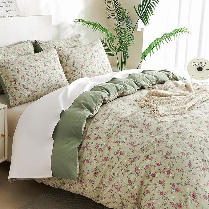 Jane yre Floral King Duvet Cover Soft Brushed Microfiber Crinkle Gauze 3 Pieces Floral Bedding Set for All-Season, Garden Vintage Style Duvet Cover with Zipper Closure, Luxury Breathable Comfy