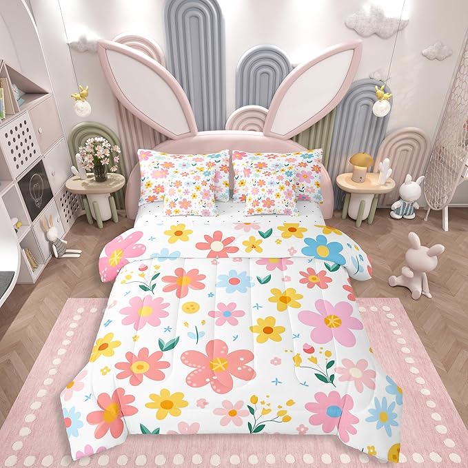 Feelyou Cute Flower 7 Piece Bedding Set Twin Size Kids Cartoon Cute Floral Bed in a Bag for Kids Girls Teens Toddler Yellow Pink Comforter Set with Sheets Kawaii Bed Set