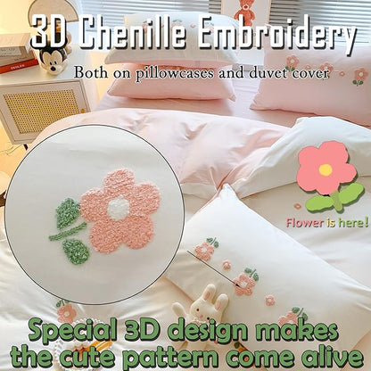 MorroMorn Cotton Duvet Cover Queen Size, 3D Embroidery Floral Bedding Sets, Fluffy Chenille Embroidered Comforter Covers Breathable Sweat-Absorbent for Girls Kids Teen (Flowers White, Full/Queen)