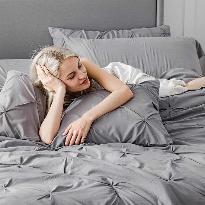 Bedsure Twin Comforter Set Grey - Bed in a Bag Twin Size Bedding 5 Pieces, GentleSoft™ Pintuck Bed Set Gift for Family, Pinch Pleat Grey Comforter with Sheets, Pillowcase & Sham
