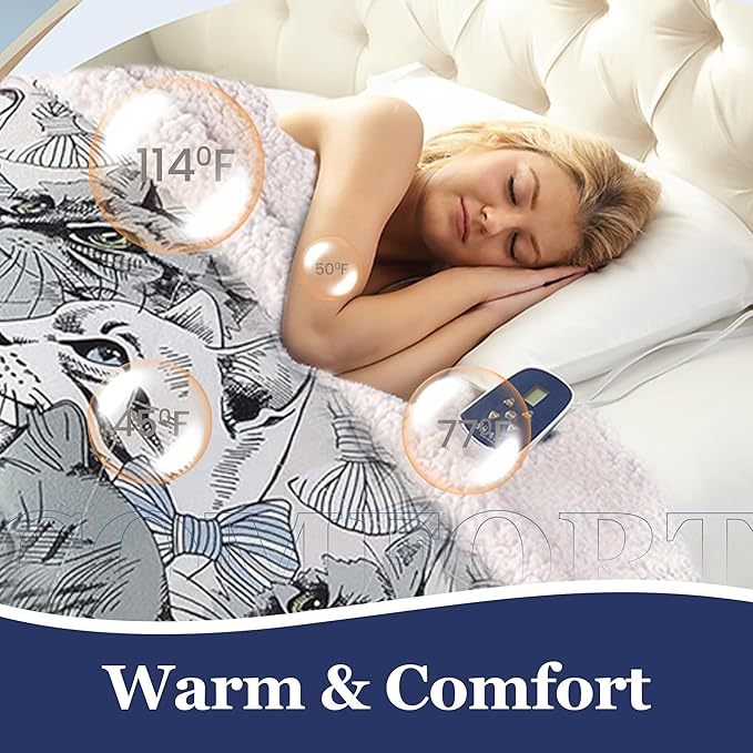 Thermee Micro Flannel Heated Blanket with Sherpa Back, 10-Setting Programmable Electric Blanket - Queen Size, Ultra-Soft Heated Throw - Cat Medley