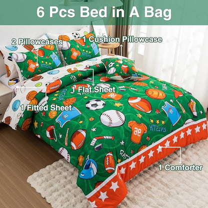 A Nice Night 6Pcs Bed in A Bag Twin Sports Comforter Set, Rugby Ball Jersey Patchwork Printed Bedding Collections,for Boys Kids Teen,Green
