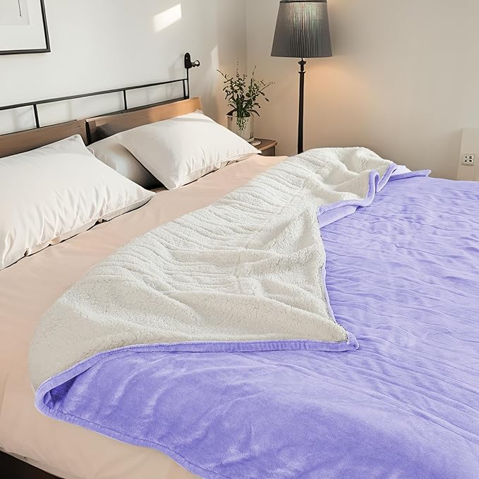 Electric Heated Blanket Queen Size 84"x90" - Dual-Sided with Microplush & Sherpa Fabric, 4 Heat Settings & 10 Hours Auto Off, Dual Controller, Machine Washable - Light Purple