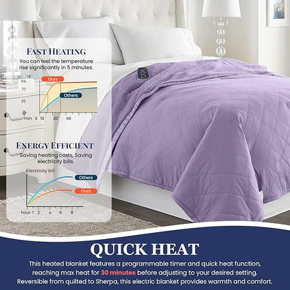 Thermee Micro Flannel Heated Blanket with Sherpa Back, 10-Setting Programmable Electric Blanket - Queen Size, Ultra-Soft Heated Throw - Lilac