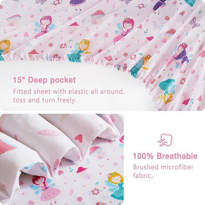 Mooreeke Twin Size Comforter Sets for Girls Kids, 6 Pieces Bed in a Bag Pink Fairy Bedding Comforter Sheet Set with Shams and Decorative Toy Pillow, Ultral Soft Microfiber Kids Bed Set