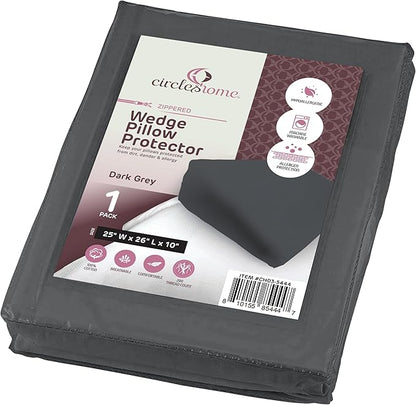 CirclesHome Wedge Pillow Cover 100% Cotton, Zippered Wedge Pillow Case Protector, Soft, Hypoallergenic & Breathable -Dark Grey, (25Wx26Lx10)