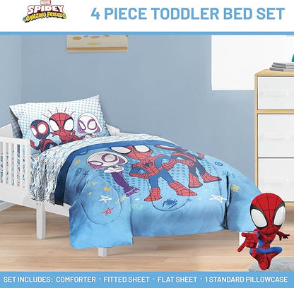 Jay Franco Kids Comforter Set Includes Sheets and Pillow Covers - Soft and Cozy Bed Set for Stylish Room Decor, Light Blue - Spidey & His Amazing Friends, 4 Piece Toddler