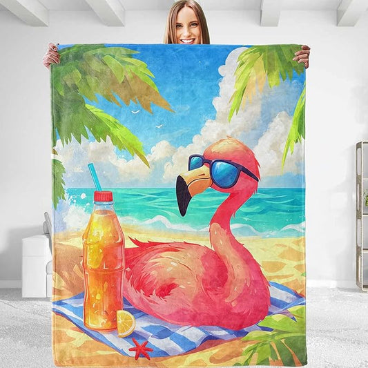 Summer Flamingo Blanket,Tropical Style Decorative Throw with Animal and Beach Ocean Scene,Nautical Lightweight Flannel Blankets for Bed Cabin Office,Coastal Gifts for Sea Lovers 50"x60"