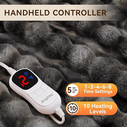 Heated Blanket Throw with 1/2/4/6/8 Hours Auto-Off 10 Heat Level, 62'' * 84'' Cozy Faux Rabbit Fur Bubble Electric Blanket with Overheat Protection(Tie-Dye Dark Grey)