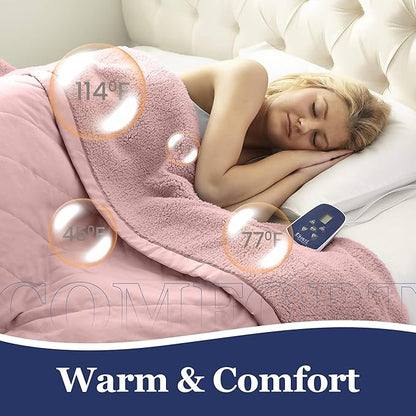 Thermee Micro Flannel Heated Blanket with Sherpa back, 10-Setting Electric Blanket Twin Size, Programmable Heating Blanket, Ultra-Soft Heated Throw Blanket, Fast Heating Thermal Blanket - Blush