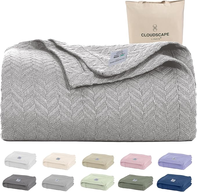 Cloud Scape Linen 100% Cotton Blanket Queen Size - Heavy and Soft, Season, Winter Cozy Blanket, Herringbone Weave, Best Gift for Women, fits Full Size Bed, 92x92, Light Grey