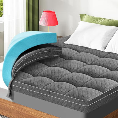 Dual Layer 3 Inch Memory Foam Mattress Topper Full Size, 2 Inch Cooling Gel Memory Foam Plus 1 Inch Pillow Top Mattress Pad Cover, with 8-21 Inch Deep Pocket, Grey