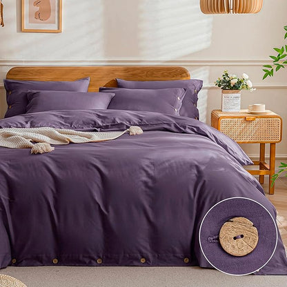JELLYMONI Cotton Duvet Cover Queen Size - Purple Comforter Cover with Button 100% Washed Cotton 3PCS Breathable Soft Solid Bedding Set Duvet Cover 90×90in & 2 Pillowcases (NO Comforter)