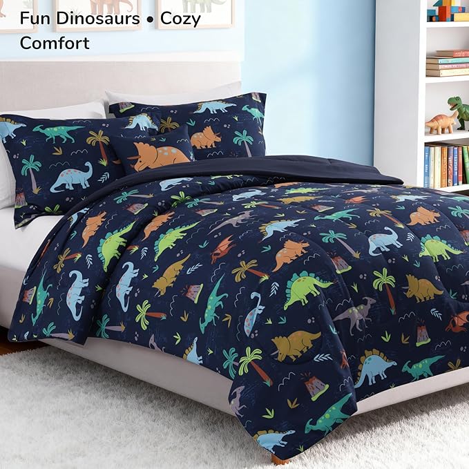 Twin Comforter Set for Boys-3 Pieces Navy Dinosaur Twin XL Bedding Set with 1 Comforter, 1 Decor Pillow, 1 Pillow Sham