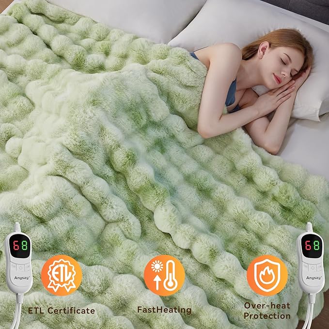Heated Blanket Throw with 1/2/4/6/8 Hours Auto-Off 10 Heat Level, 90'' * 100'' Cozy Faux Rabbit Fur Bubble Electric Blanket with Overheat Protection(Tie-Dye Green)