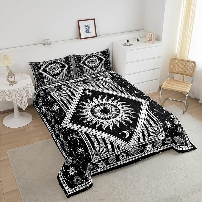 Castle Fairy Mandala Bohemian Comforter Set Sun Moon Star Planet Bedding Set for Kids Girls Women Adults Black White Comforter Bohemian Quilted Duvet Set Bedroom Collection Twin Pink 2Pcs