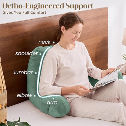 Sasttie Reading Pillow, Pillows for Reading or Relaxing – Ergonomic Support for Head, Neck, Back, and Lumbar, 21-Inch, Green