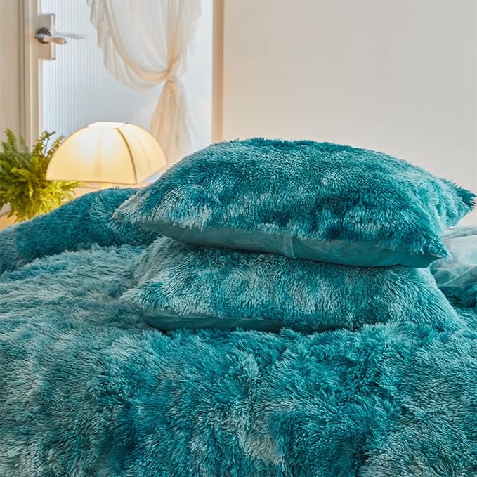 Wajade Faux Fur Plush Tie Dye Teal Comforter Set Fluffy Fuzzy Shaggy Bedding Set - 3PC Full/Queen Microfiber Soft Warm Quilt Set