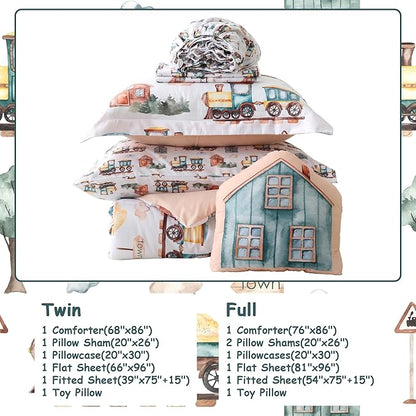 Mooreeke Kids Twin Comforter Sets for Boys 6 Pieces Train Bedding Set for Teens Microfiber Country Train Town Kids Bed in A Bag with Comforter, Sheet Set, Shams and Decorative Toy Pillow All Season