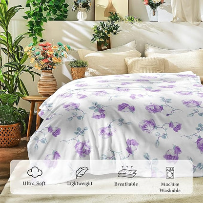 Floral Throw Blanket Birthday Gift for Women Mom Girls Purple Flowers Blanket Summer Wildflower Flannel Blanket Watercolor Printed Throw for Couch Sofa Bed Chair 50"x60"