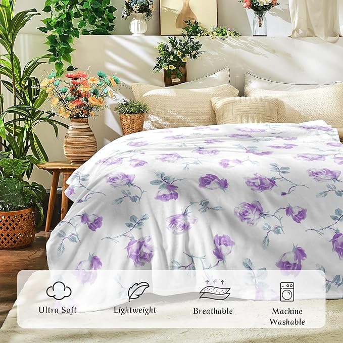 Floral Throw Blanket Birthday Gift for Women Mom Girls Purple Flowers Blanket Summer Wildflower Flannel Blanket Watercolor Printed Throw for Couch Sofa Bed Chair 60"x80"