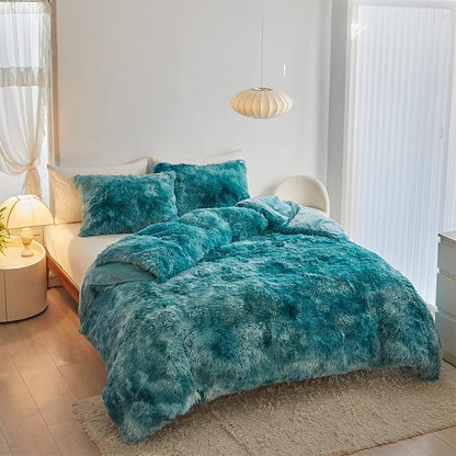 Wajade Faux Fur Plush Tie Dye Teal Comforter Set Fluffy Fuzzy Shaggy Bedding Set - 3PC Full/Queen Microfiber Soft Warm Quilt Set