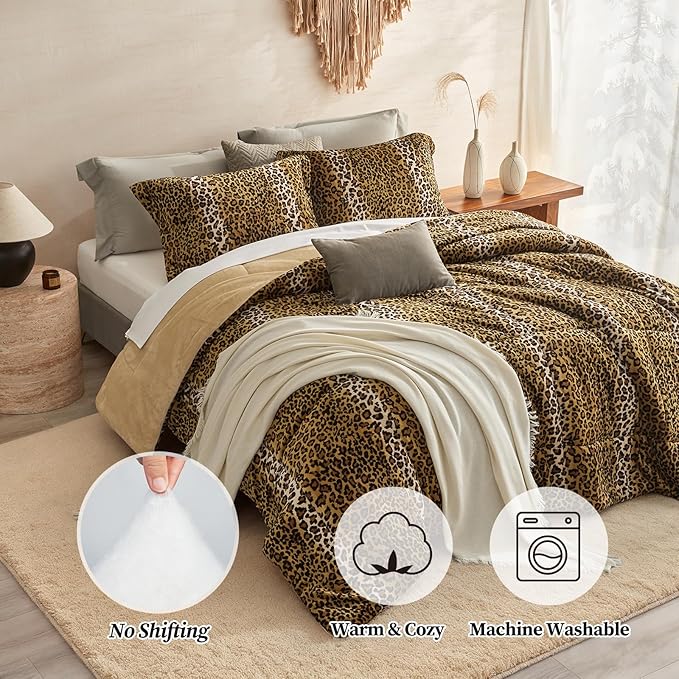 Petrichor Leopard Velvet Flannel Twin Comforter Set-Cheetah Print Western Blanket,Luxury Fuzzy Heavy Bedding Set, 2 Pieces Plush Winter Bed Set with Comforter (68"x88") & 1 Pillow Shams (20"x26")