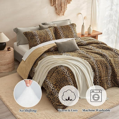 Petrichor Leopard Velvet Flannel Queen Comforter Set-Cheetah Print Western Blanket,Luxury Fuzzy Heavy Bedding Set, 3 Pieces Plush Winter Bed Set with Comforter (90"x90") & 2 Pillow Shams (20"x26")