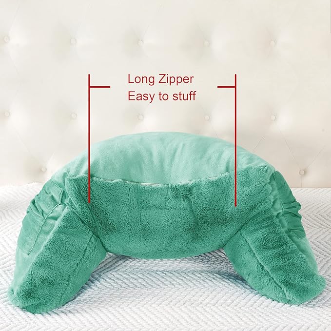 Plush Faux Fur Backrest Reading Bed Rest Pillow with Arms and Pockets for Sitting in Bed Couch Sofa, Back Support Wedge Cushion with Removable Cover, 20" x 18" x 17", Bluish Green