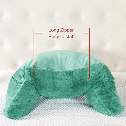 Plush Faux Fur Backrest Reading Bed Rest Pillow with Arms and Pockets for Sitting in Bed Couch Sofa, Back Support Wedge Cushion with Removable Cover, 20" x 18" x 17", Bluish Green