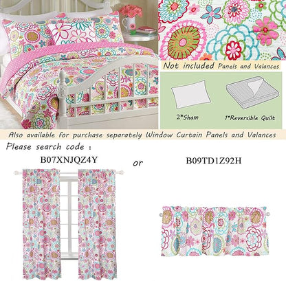 Cozy Line Home Fashions Pink Floral Polka Dot Colorful Reversible Quilt Bedding Set, Coverlet, Bedspreads for Girls (Mariah, Queen - 3 Piece)