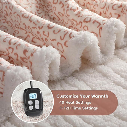 Electric Heated Blanket Full Size 72x84 - Leopard Print Flannel Soft Heating Blanket with 10 Heat Levels & Auto Shut Off, Machine Washable Warm Throw for Bed Couch, Brown White