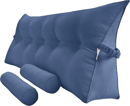 Triangular Reading Bed Rest Pillow Large Bolster Cushion Headboard Backrest Wedge Pillow with Two Detachable Roll Pillows for Neck & Lumbar Support (Ocean Blue, King: 77 x 8 x20 inches)