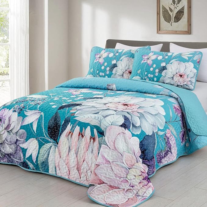 Drucon Floral Quilt Queen Size - 3 Pieces Aqua Blue Quilt Botanical Bedspread Soft Lightweight Flower Bedding Set for All Season (96"x90")