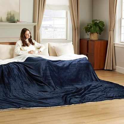 Bedsure GentleSoft Sherpa Fleece Oversized Cal King Blankets for Bed - Thick and Warm Throw for Women and Men, Soft Fuzzy Plush Large Blanket for Winter, Navy, 112x98 Inches
