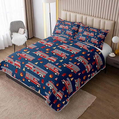 QOOMO Fire Truck Quilt Set Full/Queen Size,Fire Truck Bedspread Coverlet Set,Truck 3Pcs Bedding Set Printed Quilt with 2 Pillowcases,Soft and Lightweight,for All Seasons