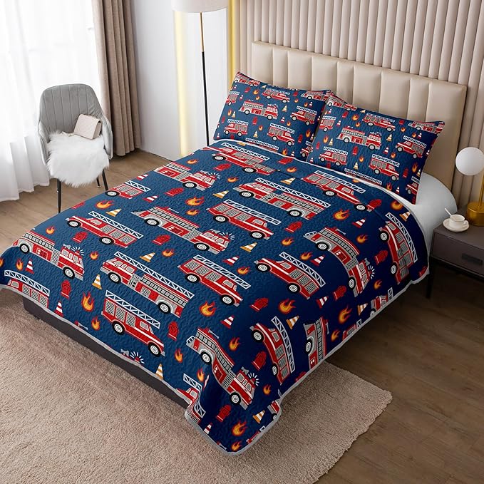 QOOMO Fire Truck Quilt Set Twin Size,Fire Truck Bedspread Coverlet Set,Truck 3Pcs Bedding Set Printed Quilt with 2 Pillowcases,Soft and Lightweight,for All Seasons