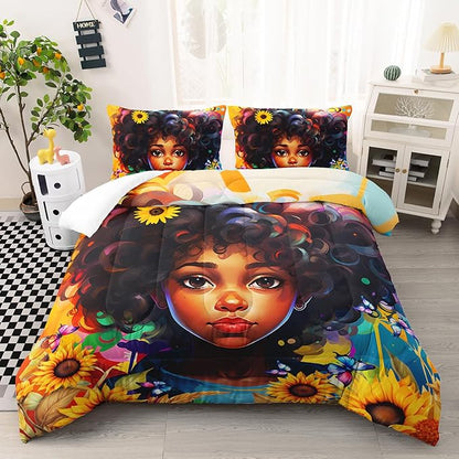 Black Girl Queen Size Comforter Set for Girls, African American Girl Bedroom Decor with Sunflower and Butterfly, 1 Comforter and 2 Pillowcases