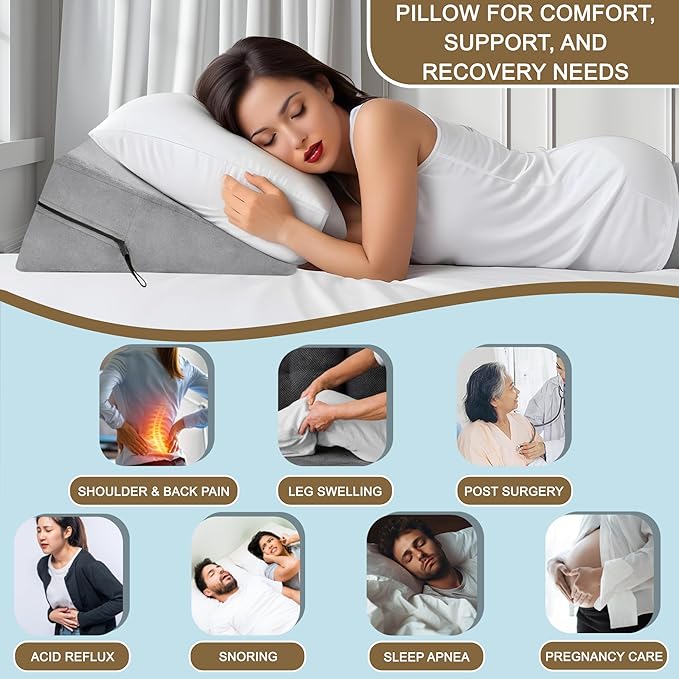 sokoro Bed Wedge Pillow for Sleep Apnea, GERD Acid Reflux Snoring Relief, Pregnancy Side Sleeper Pillow for Adults Seniors Neck Pain Back Sleeping, Leg Elevation Pillows for After Surgery Gifts, Grey