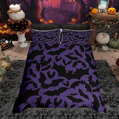 Halloween Themed Bedding Set Queen Size,Black Bats Animal Print Duvet Cover Set for Children Bedroom Present, Dark Purple Color Microfiber Comforter Cover with 2 Pillowcases (NO Comforter)