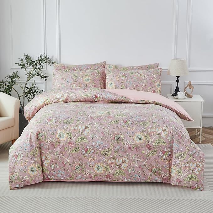 URBONUR Full Duvet Cover Set Soft 100% Cotton Floral Bedding Sets Blush Pink Wildflower Comforter Cover, Button Closure and Corner Ties (3Pcs, Vintage Floral, Full)