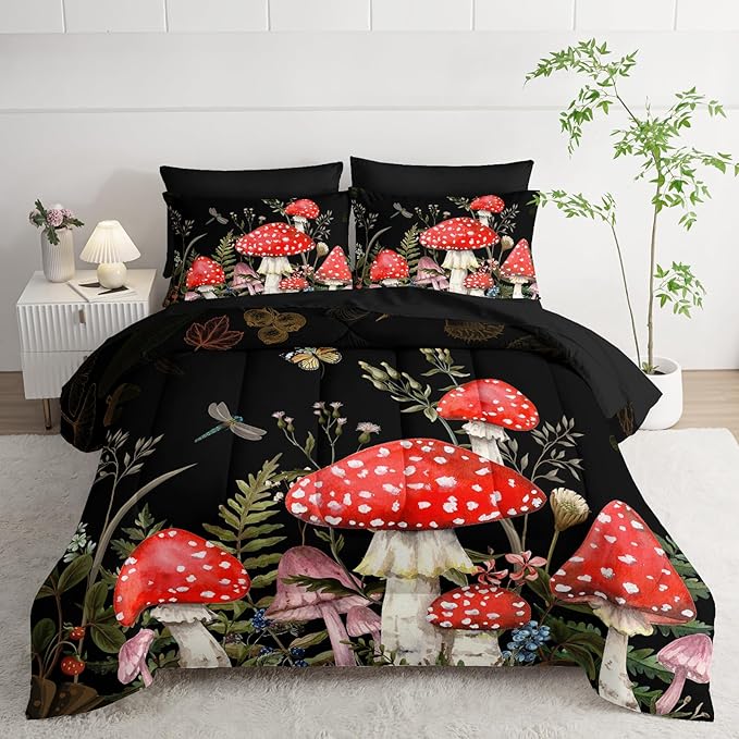 Red Mushroom Kawaii Comforter Set 7Pcs Kids Mushroom Dragonfly Bedding Set for Boy Girl Adult Botanical Plant Theme Printed Quilt Bed Set Full with 2 Sheets,2 Pillowcases,2 Throw Pillow Covers