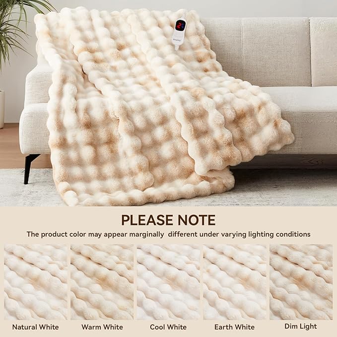 Heated Blanket Throw with 1/2/4/6/8 Hours Auto-Off 10 Heat Level, 50'' * 60'' Cozy Faux Rabbit Fur Bubble Electric Blanket with Overheat Protection(Beige)