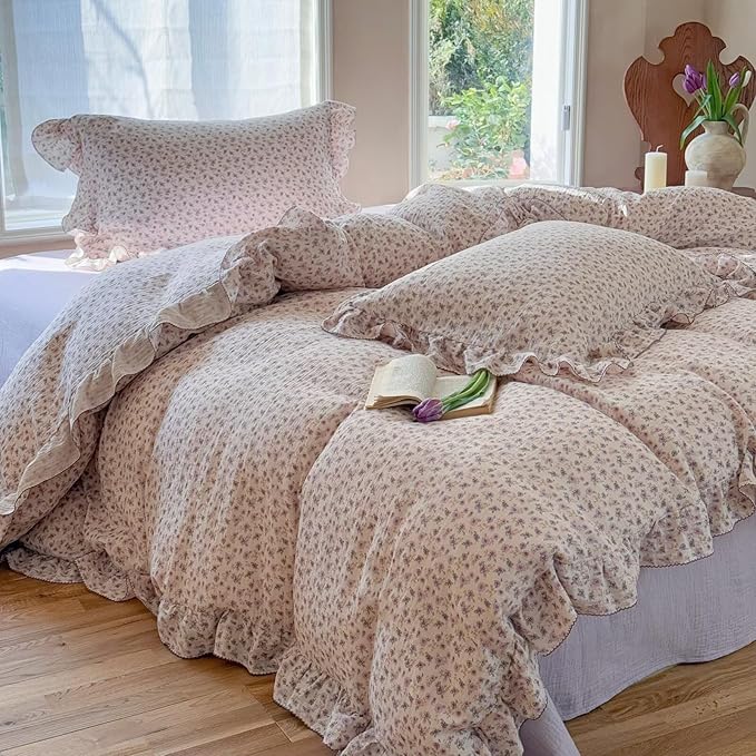 BuLuTu Purple Floral Duvet Cover Full, 100% Cotton Muslin Comforter Cover for Kids Teens Girls, Shabby Chic Princess Bedding Ruffled Quilt Cover with 2 Pillow Cases, Soft Lightweight