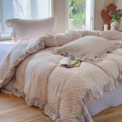 BuLuTu Purple Floral Duvet Cover Full, 100% Cotton Muslin Comforter Cover for Kids Teens Girls, Shabby Chic Princess Bedding Ruffled Quilt Cover with 2 Pillow Cases, Soft Lightweight