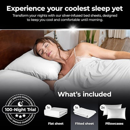 Silvery Restcool™ Silver Infused Bed Sheets Set - Award-Winning Self-Cooling Fabric for Hot Sleepers with Self-Cleaning Silvery Technology™ That Stays Fresh 3X Longer (White, King)