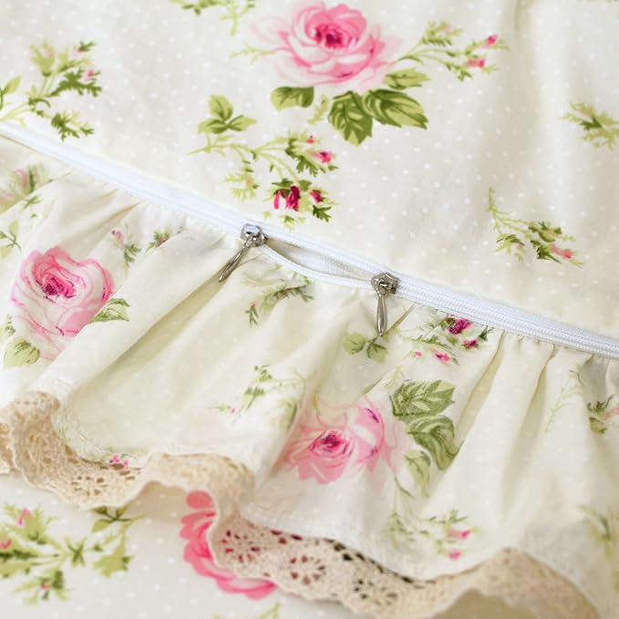 FADFAY Rosette Floral Print Duvet Cover Set Princess Lace Ruffle Bedding Set for Girls 3 Pieces Twin Size